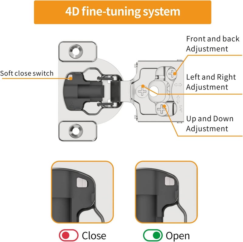 Chibery 10 Pack 1/4" Small Overlay 4D Concealed Hinges for Face Frame Door, Soft Close On/Off Switch, Self Closing, 105° Open Angle Concealed Stainless Steel Hinges for Framed Cabinet, Satin Nickel - Image 2